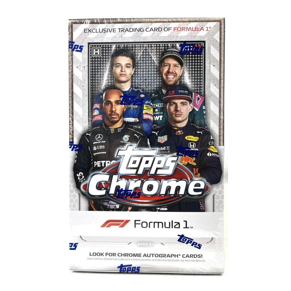 2021/22 Topps Formula 1 Chrome Hobby Box samlarkort för F1, oöppnad förpackning med exklusiva kromkort.