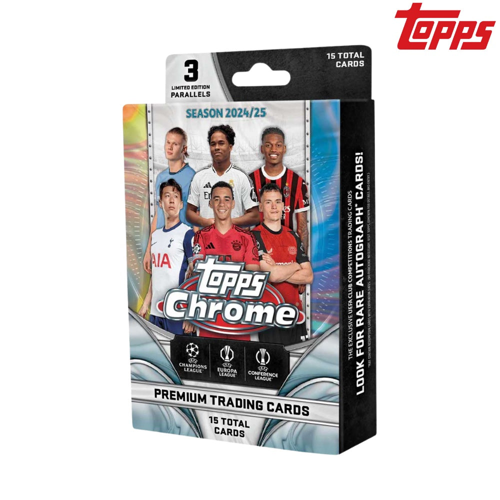 2024-25 Topps Chrome UEFA Club Competitions Hanger Box samlarkort med fotbollsspelare