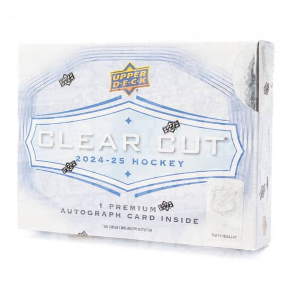 2024/25 Upper Deck Clear Cut hockeybox med ett signerat samlarkort, NHL samlarbilder med autograf.