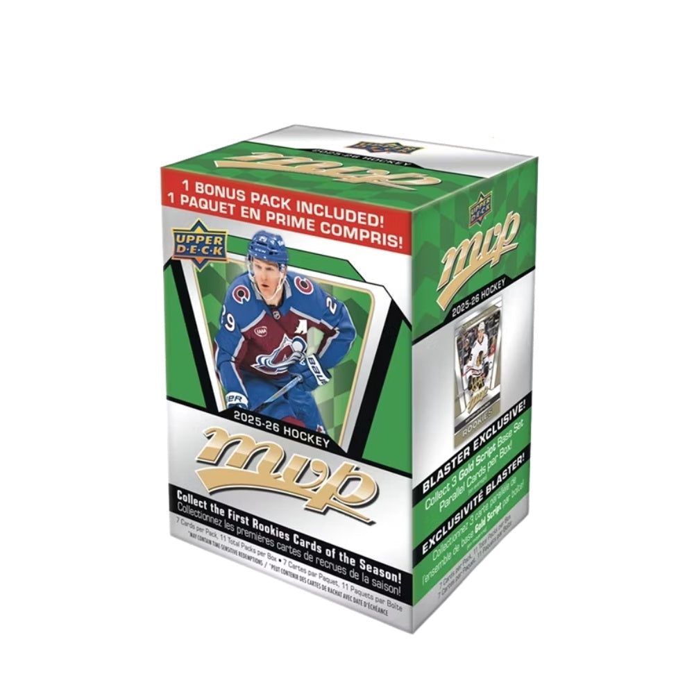 2025-26 Upper Deck MVP Hockey Blaster Box, NHL-samlarbilder i förpackning med hockeykort.