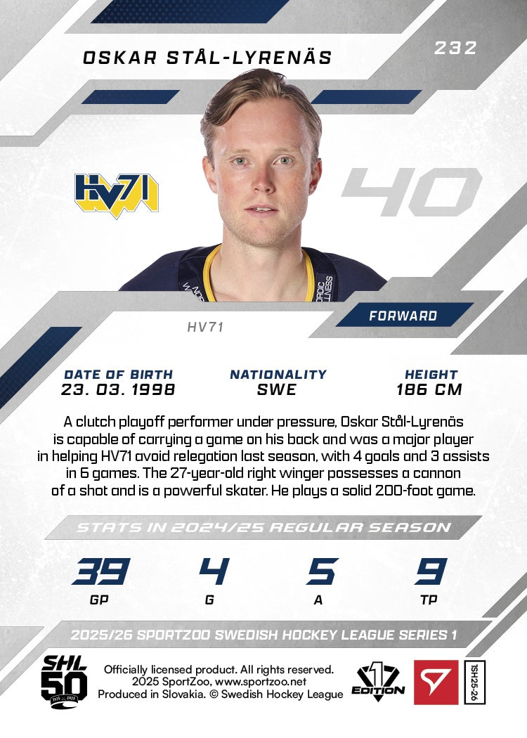 232 HV71 O. STÅL-LYRENÄS - PINK