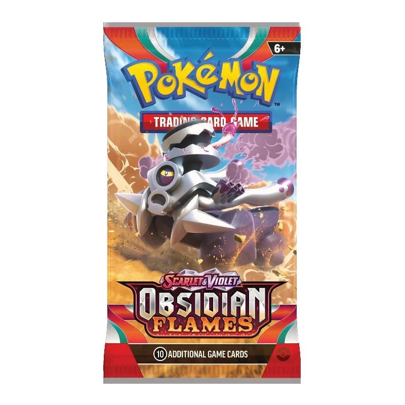 Pokémon Scarlet & Violet 3 Obsidian Flames boosterpack med samlarkort föreställande Charizard.
