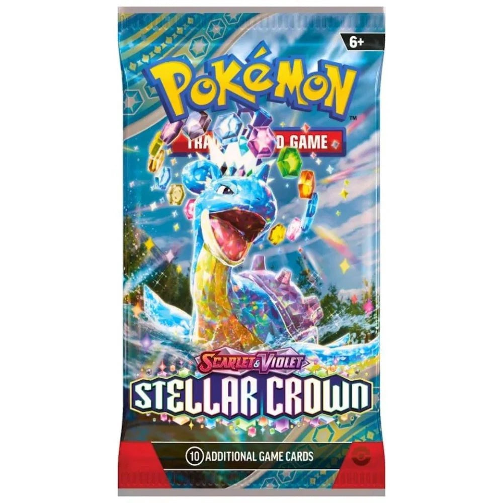 Pokémon Scarlet & Violet 7: Stellar Crown Booster Pack, samlarkort med Terapagos i glittrande illustration.