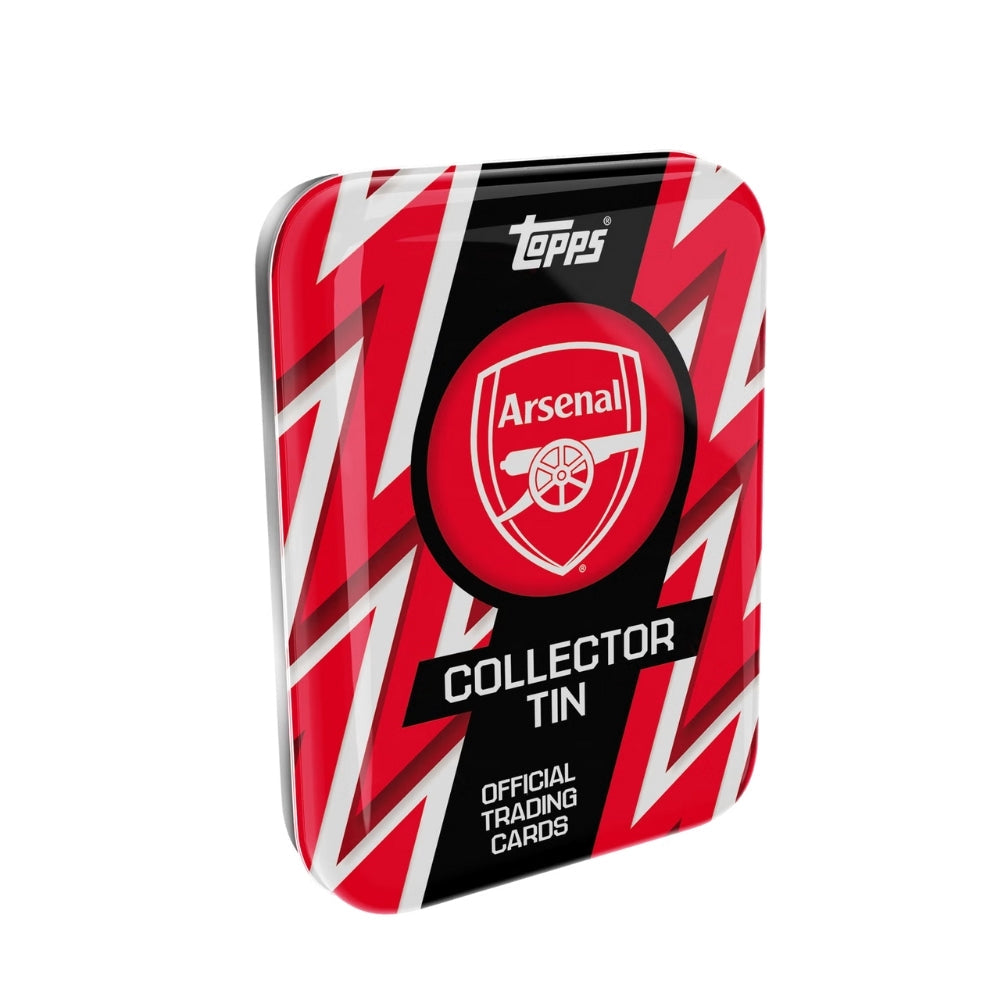 Topps Arsenal 25/26 Collector Tin, samlarbox med fotbollskort och officiella samlarbilder för Arsenal-fans.