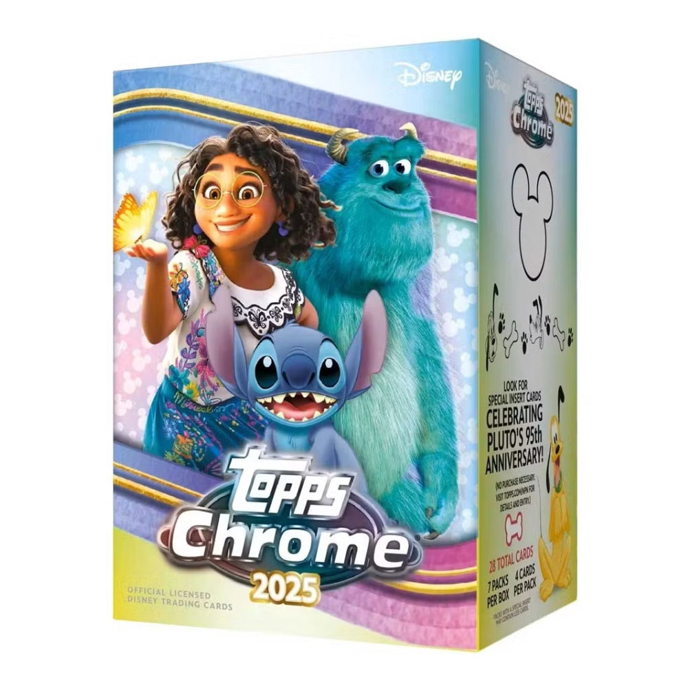Topps Chrome Disney 2025 Value Box samlarkort i lila förpackning med Musse Pigg och Disneykaraktärer