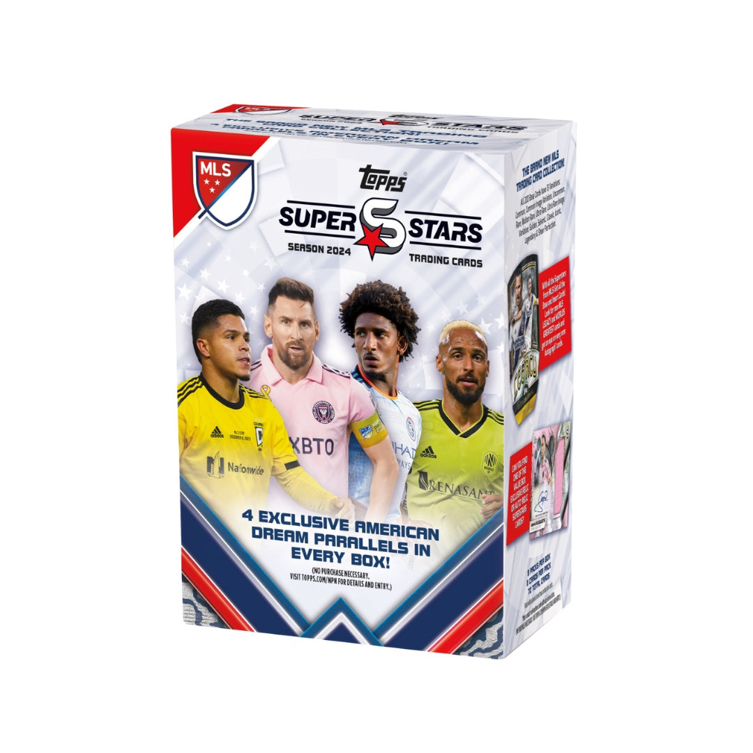 Topps MLS Superstars 2024 Value Box med samlarkort för fotboll innehållande exklusiva kort och MLS-stjärnor.