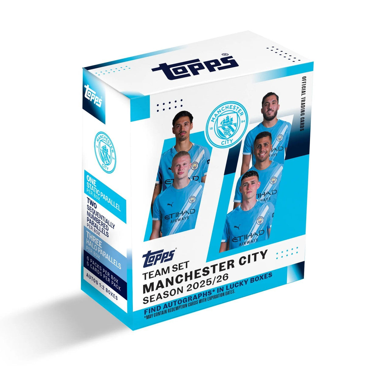 Topps Manchester City 2025/26 Team Set officiella samlarkort med klubbens stjärnor och logotyp.
