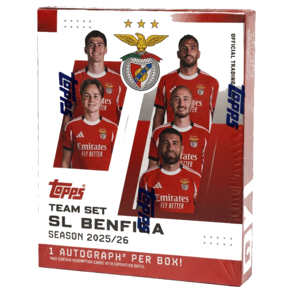 Obruten hobby box med Topps Benfica Team Set fotbollskort 2025/26 för samlare.