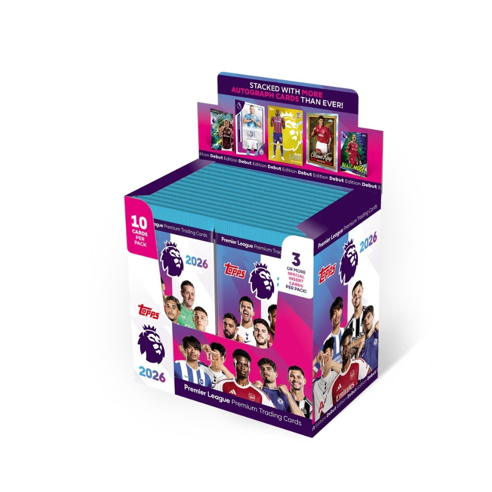 Topps Premier League 2026 helbox med 28 boosterpaket fotbollskort för samlare av engelska ligan.