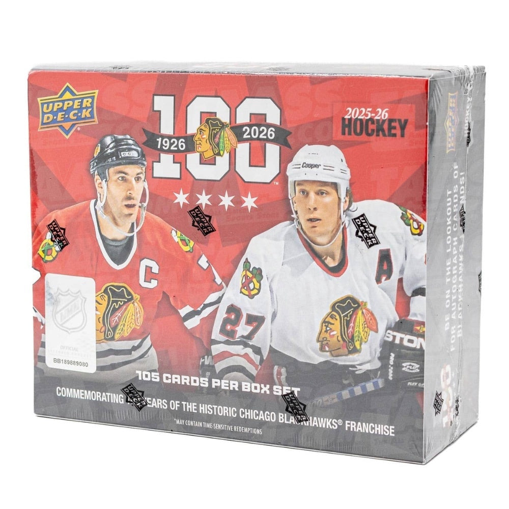 Upper Deck Chicago Blackhawks Centennial box med 105 NHL-kort för samlare.