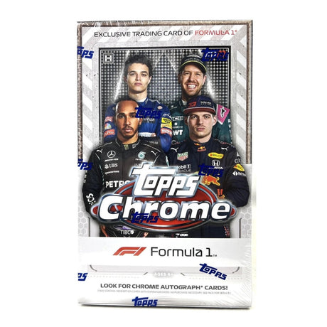 2021/22 Topps Formula 1 Chrome Hobby Box, samlarbox med F1 trading cards och glansiga kromade samlarkort.