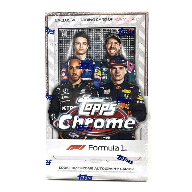 2021/22 Topps Formula 1 Chrome Hobby Box, samlarbox med F1 trading cards och glansiga kromade samlarkort.