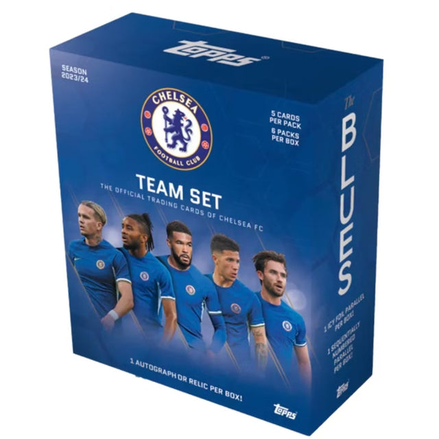 2023-24 Topps FC Chelsea Team Set fotbollskort, officiell samlarbox för Chelsea-fans.