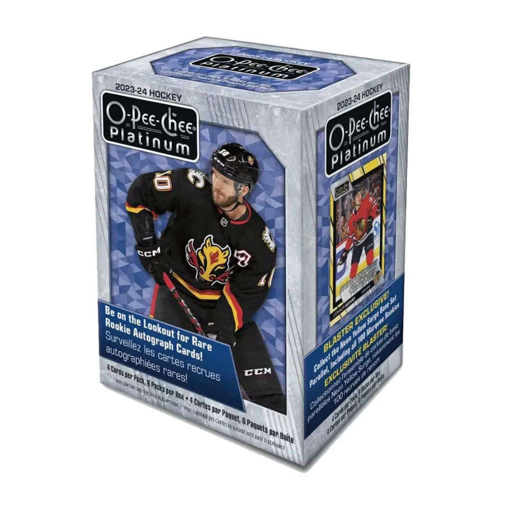 2023/24 O-Pee-Chee Platinum Blaster Box med NHL-hockeykort, officiella samlarbilder i förpackning.