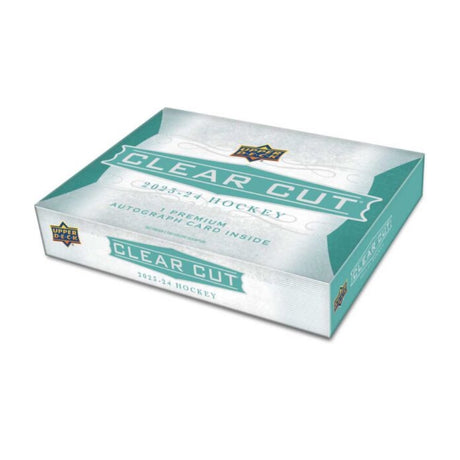 2023-24 Upper Deck Clear Cut Hobby Box, oöppnad samlarbox med NHL-hockeykort och signerade kort.