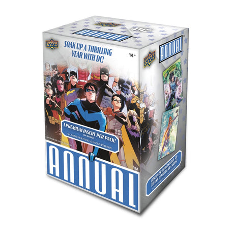 2023-24 Upper Deck DC Annual Blaster Box samlarkort med DC Comics superhjältar, oöppnad förpackning för samlare.