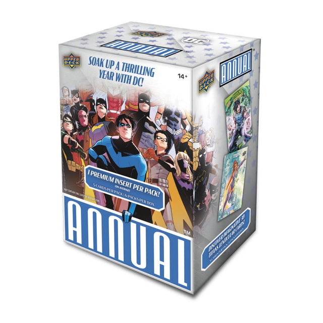 2023-24 Upper Deck DC Annual Blaster Box samlarkort med DC Comics superhjältar, oöppnad förpackning för samlare.