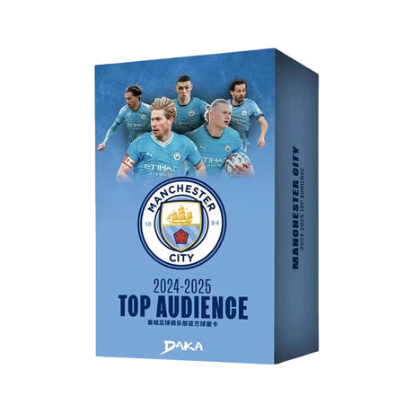 2024-25 Daka Manchester City Top Audience samlarkort box med officiella fotbollskort och spännande samlarobjekt.