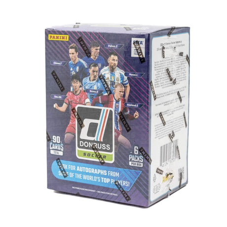 Lila 2024/25 Panini Donruss Soccer Blaster Box samlarkort med fotbollsbilder.