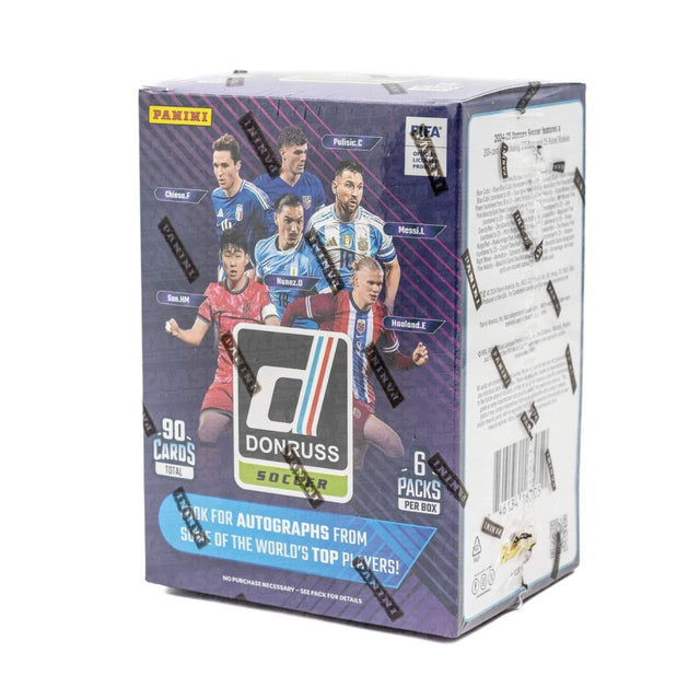 Lila 2024/25 Panini Donruss Soccer Blaster Box samlarkort med fotbollsbilder.