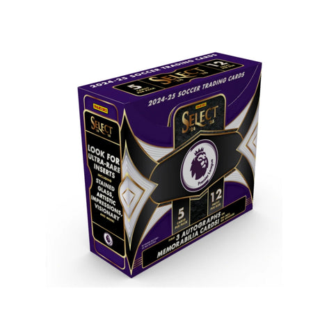 2024-25 Panini Select Premier League Hobby Box, samlarbox med fotbollskort och exklusiva kort för fotbollsentusiaster.