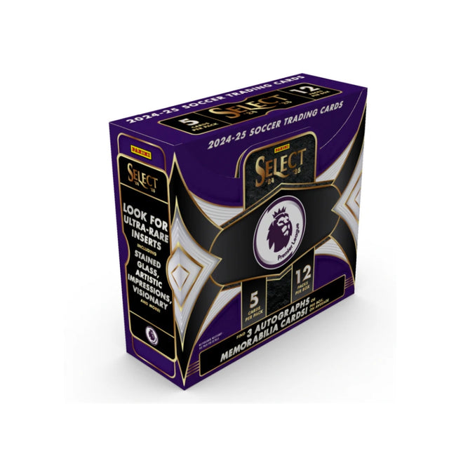 2024-25 Panini Select Premier League Hobby Box, samlarbox med fotbollskort och exklusiva kort för fotbollsentusiaster.