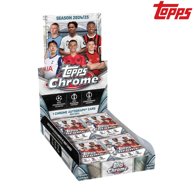 2024-25 Topps Chrome UEFA Club Competitions Hobby Box fotbollskort samlarbox med officiella Champions League kort.