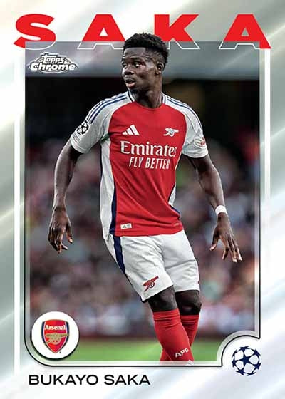 2024-25 Topps Chrome UEFA Club Competitions Value Box med fotbollskort och officiella samlarbilder.