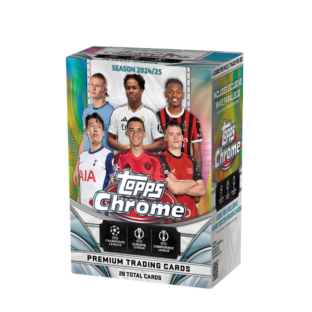 2024-25 Topps Chrome UEFA Club Competitions Value Box med samlarbilder och fotbollskort från Champions League.