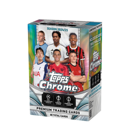 2024-25 Topps Chrome UEFA Club Competitions Value Box med samlarbilder och fotbollskort från Champions League.
