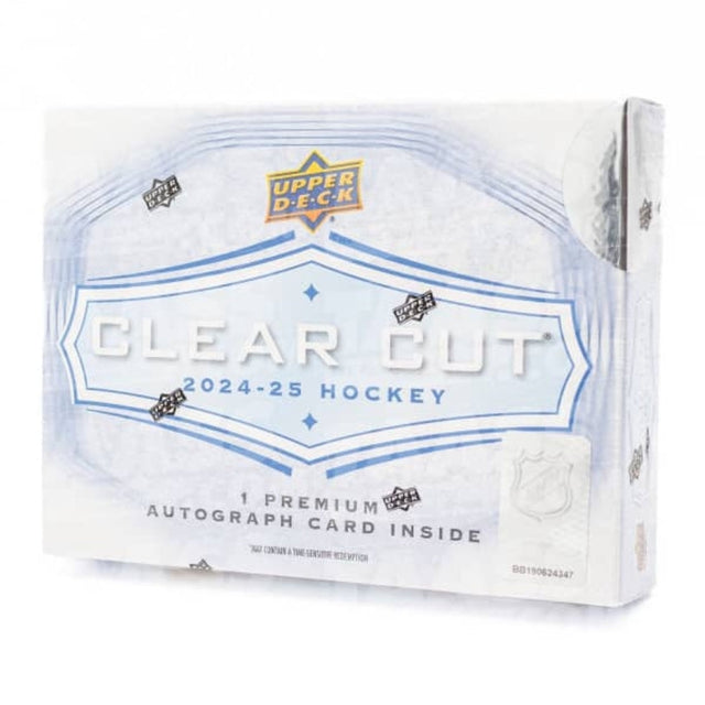 2024/25 Upper Deck Clear Cut hockeybox med ett signerat samlarkort, NHL samlarbilder med autograf.