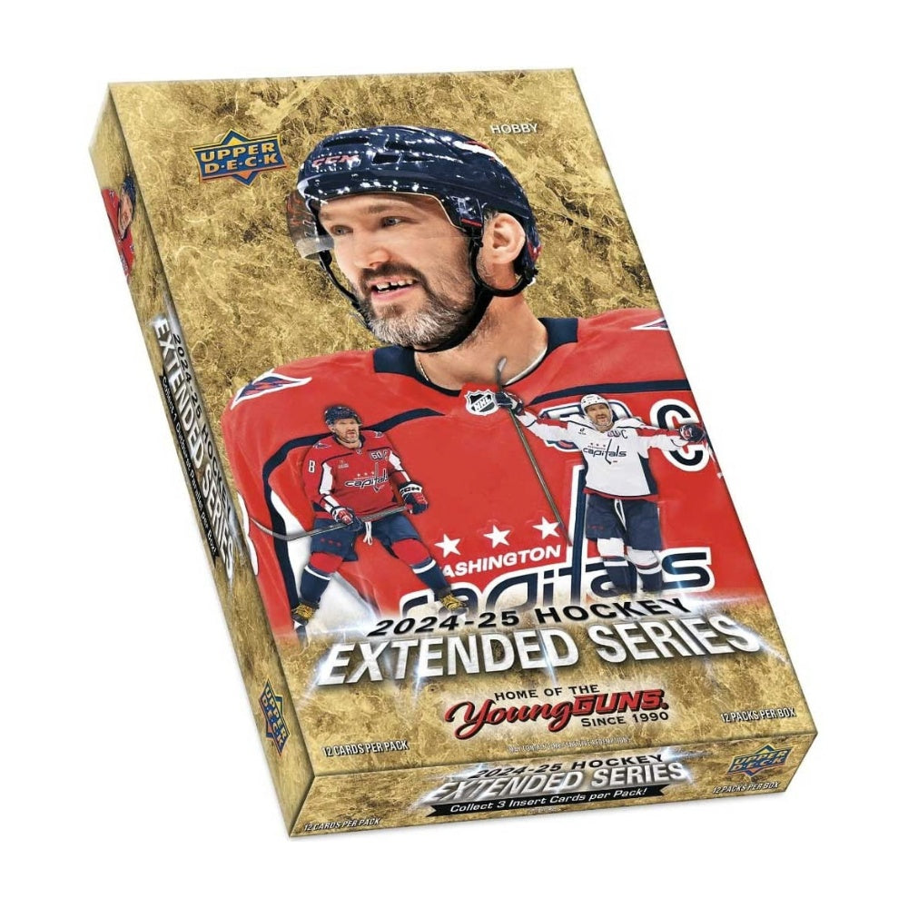2024/25 Upper Deck Extended Series Hobby Box, förpackning med NHL-hockeykort och exklusiva samlarkort.