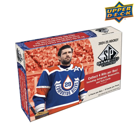 2024-25 Upper Deck SP Game Used Hockey Hobby Box med NHL-samlarbilder och memorabilia-kort.