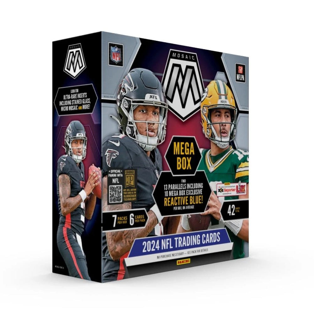 2024 Panini Mosaic NFL Mega Box, paket med amerikanska fotbollskort och sällsynta samlarkort.