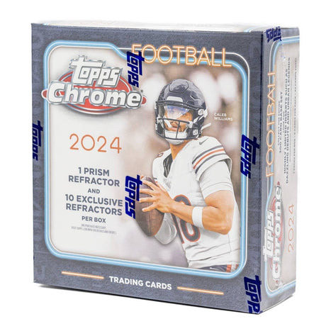 2024 Topps Chrome Football Mega Box samlarbox med NFL-samlarkort och exklusiva chrome-kort.
