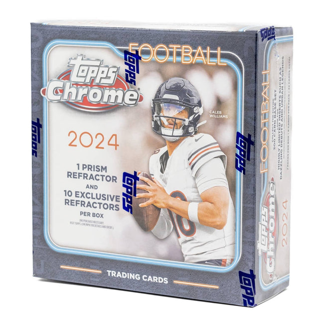 2024 Topps Chrome Football Mega Box samlarbox med NFL-samlarkort och exklusiva chrome-kort.