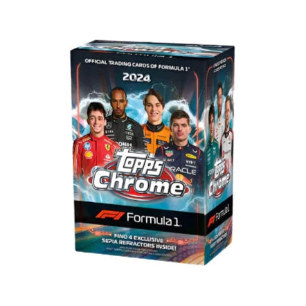 2024 Topps Chrome Formula 1 Value Box, samlarbox med F1-trading cards och exklusiva samlarbilder.