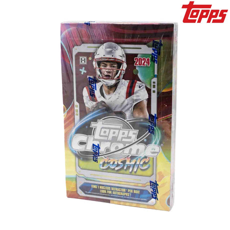 2024 Topps Cosmic Chrome Football Hobby Box, samlarbox med NFL samlarbilder i glansig kromfinish.
