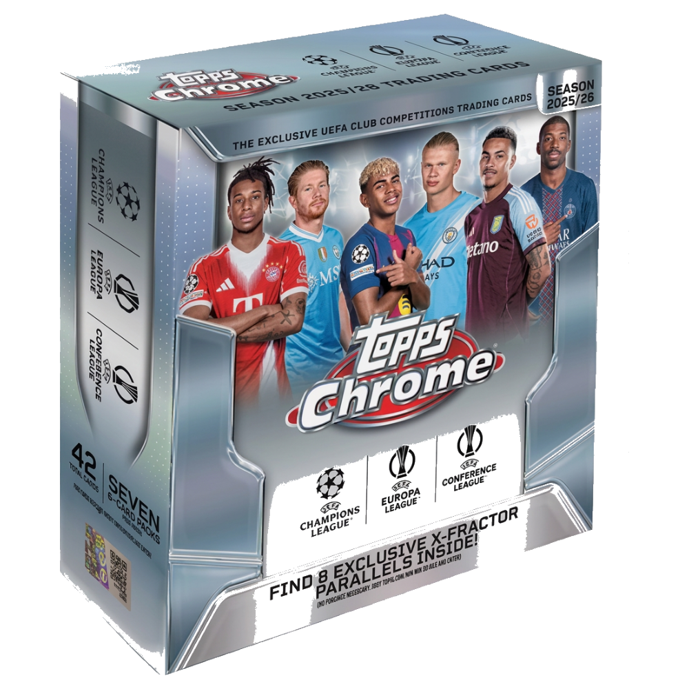 Topps Chrome UEFA Club Competitions 25/26 Mega Box, officiella fotbollskort för samlare.