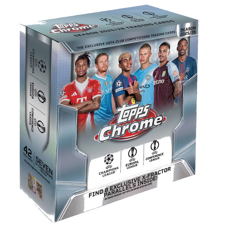 Topps Chrome UEFA Club Competitions 25/26 Mega Box, officiella fotbollskort för samlare.