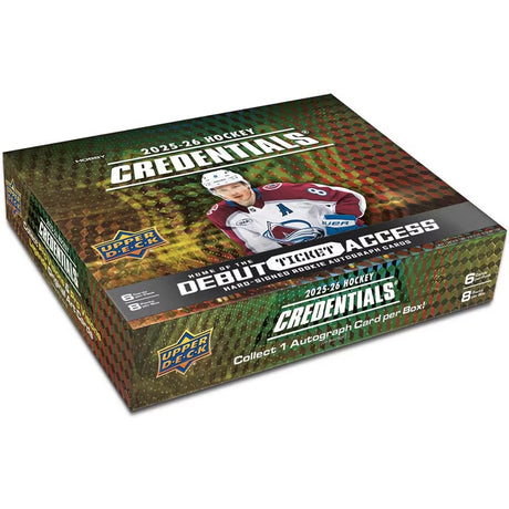 2025-26 Upper Deck Credentials Hockey Hobby Box, oöppnad box med hockeykort för samlare.