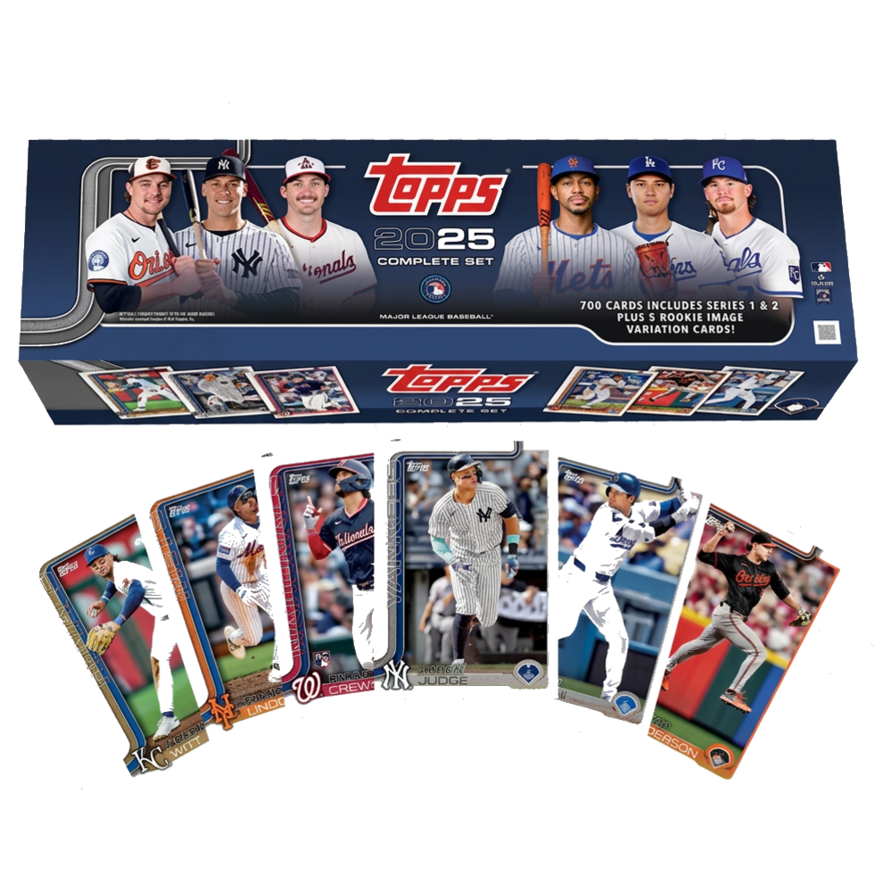 2025 Topps Baseball Complete Set Retail Box med samlarbilder, blå box med baseballkort för samlare.
