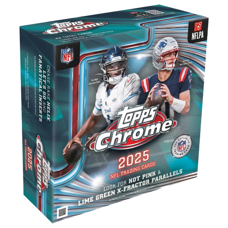 2025 Topps Chrome Football Mega Box med samlarkort för NFL-entusiaster.