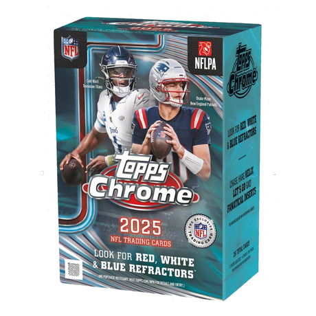 Topps Chrome Football 2025 Value Box med samlarkort från NFL.