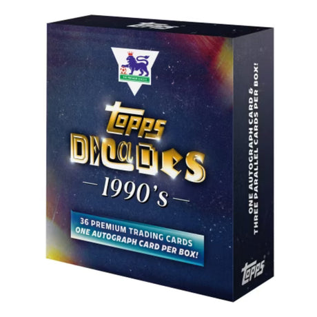 2025 Topps Decades Premier League 90's Edition fotbollskort i retrobox.