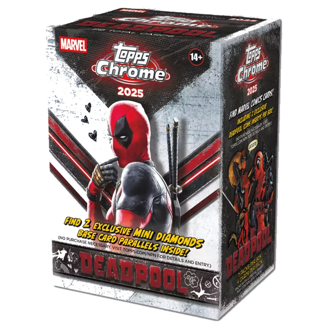 2025 Topps Marvel Deadpool Chrome blaster box med samlarkort för Marvel-fans.