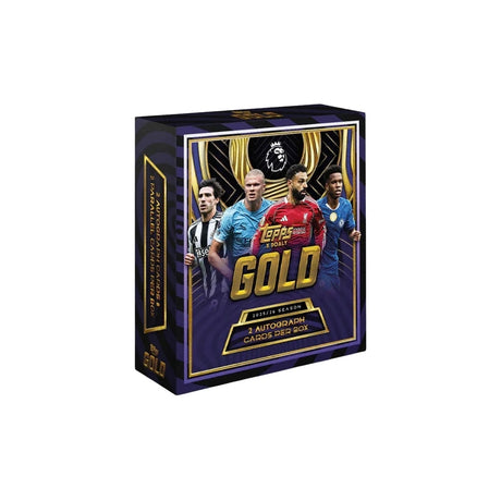 2025-26 Topps Gold Premier League Hobby Box fotbollskort, officiell samlarbox med exklusiva kort och autografer.