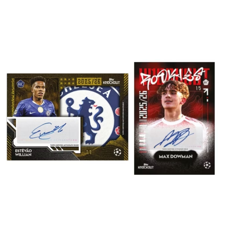 2025/26 Topps UEFA Club Competitions Knockout fotbollskort, samlarbilder med stjärnor från Champions League.