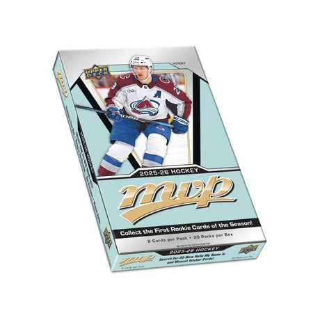 2025-26 Upper Deck MVP Hockey Hobby Box med hockeybilder, rookies och sällsynta inserts för samlare.