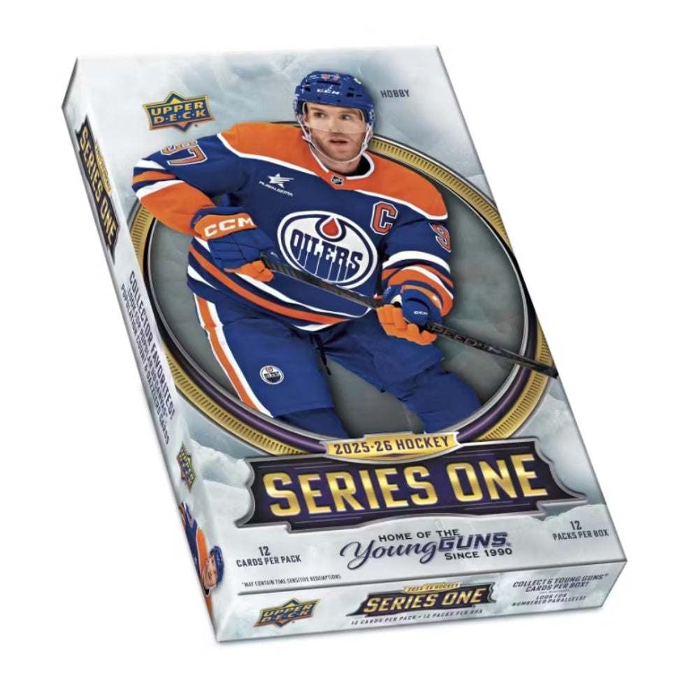 2025/26 Upper Deck Series 1 Hockey NHL Hobby Box utgåva med NHL-samlarbilder och hockeykort.